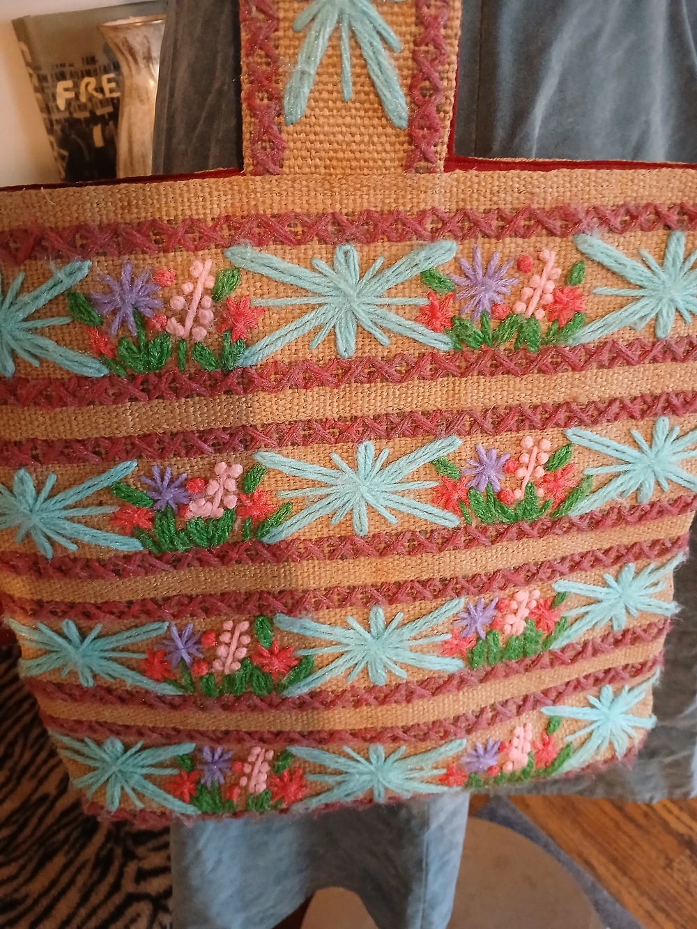 Vintage Handmade Embroidered Floral Tote in Tan with Aqua Accents And Flowers